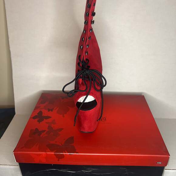 Pleaser Flamingo-1021FS Red Faux Suede Platform Ankle Boots - Picture 2 of 6